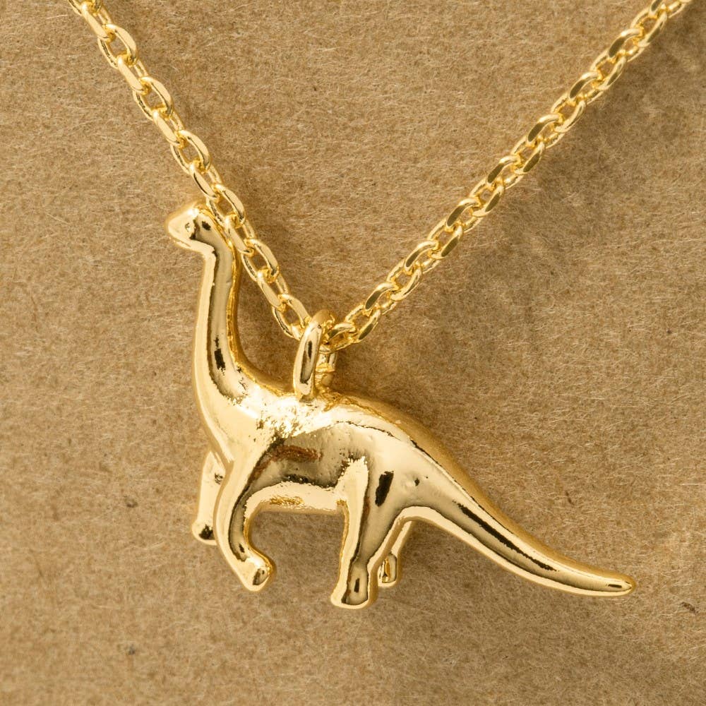 Gold plated brachiosaur dinosaur pendant on necklace