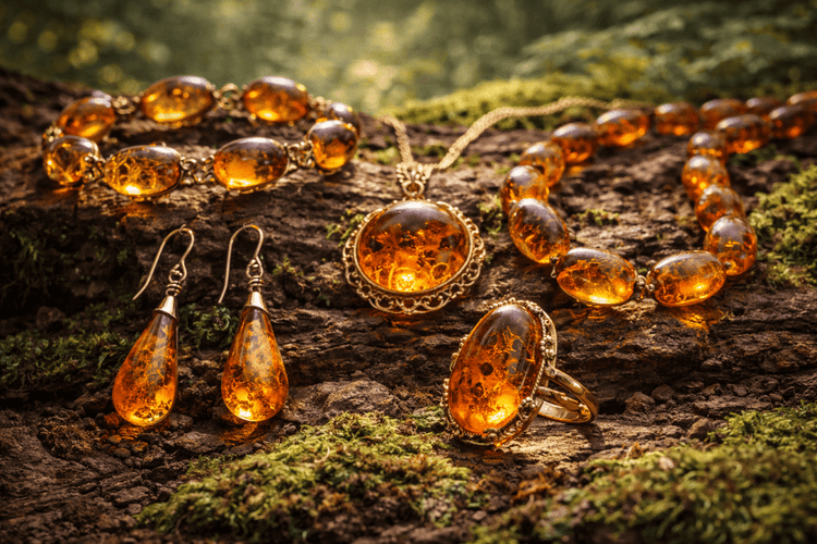 amber jewelry with fossil insect inclusion from Myanmar and Baltic Sea.