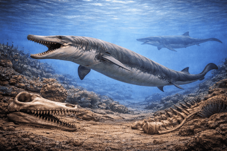 Illustration of a Basilosaurus prehistoric whale swimming in an ancient Eocene ocean representing cetacean fossils and prehistoric whale teeth.