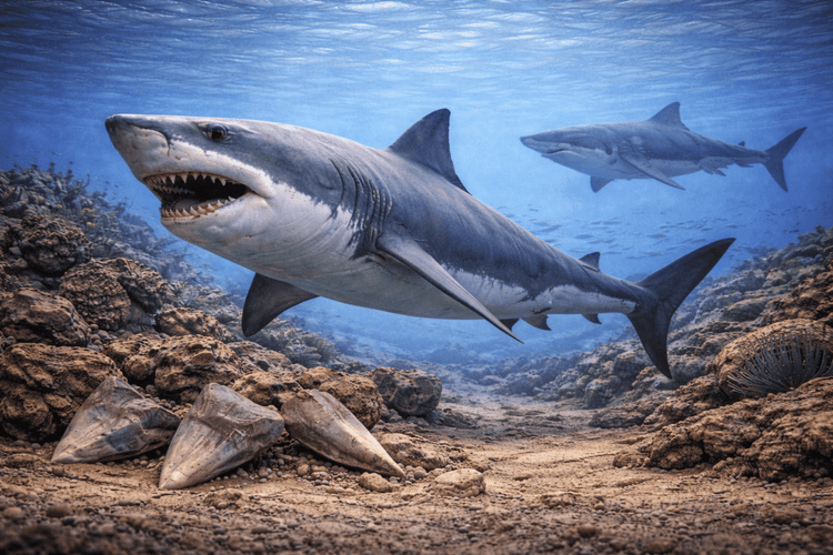 Cosmopolitodus hastalis prehistoric broad toothed mako shark swimming in an ancient ocean representing hastalis shark tooth fossils.