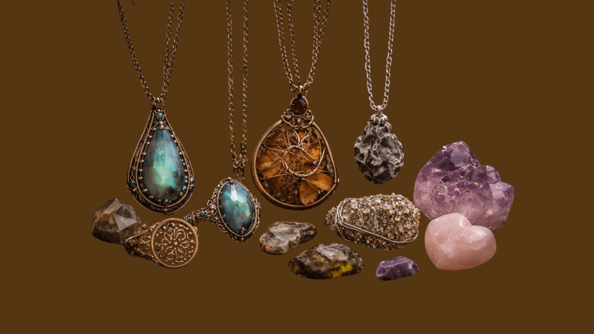 Close up of jewelry with fossils, minerals and meteorites