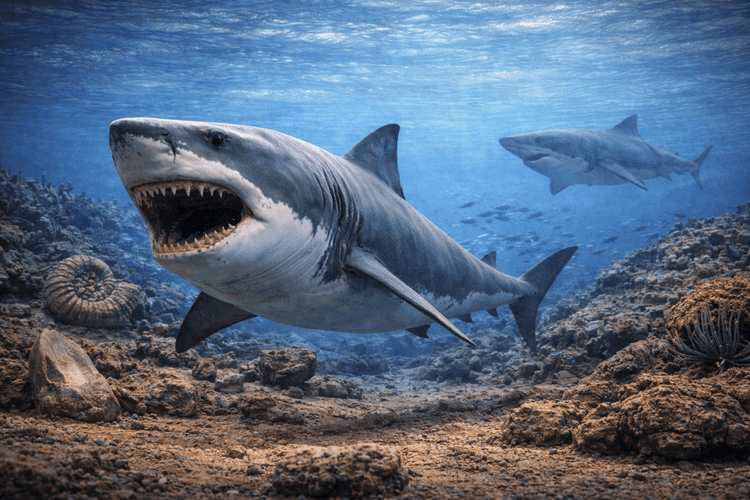 Prehistoric Megalodon shark swimming in ancient ocean environment