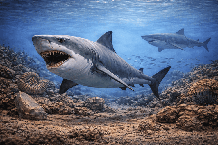 Prehistoric Palaeocarcharodon orientalis shark swimming in ancient ocean environment