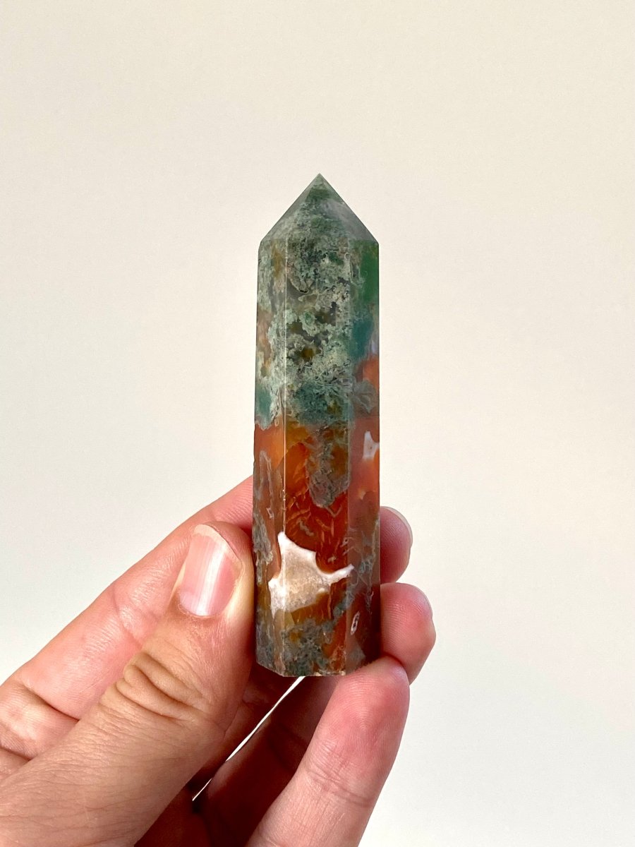 3.52" Moss agate obelisk - FossilsAndMore