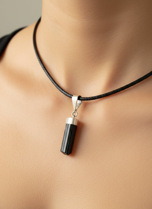 Black Tourmaline Pendant on necklace, mineral - FossilsAndMore