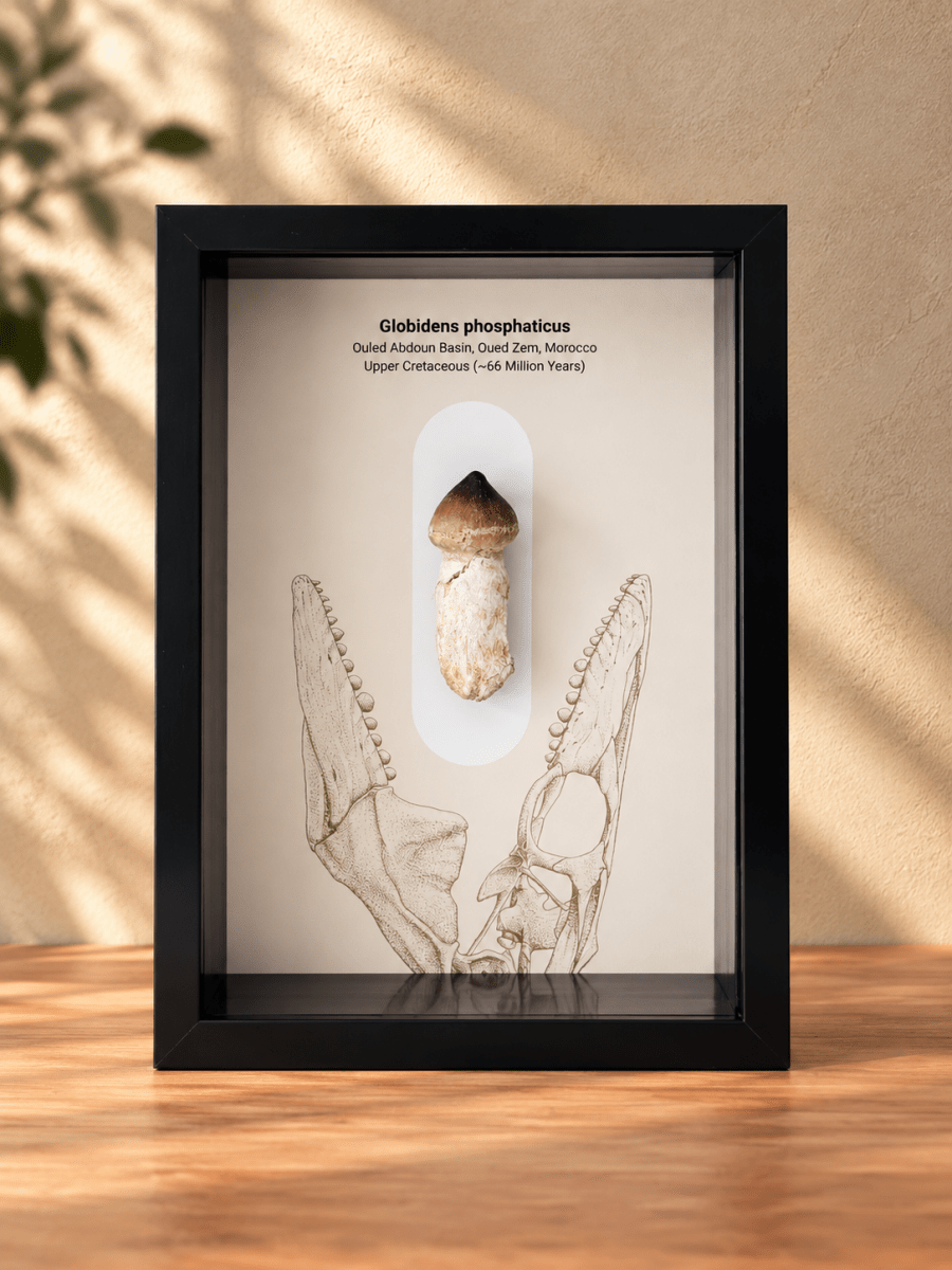 Globidens phosphaticus (mosasaur species) Rooted Tooth in Large Deep Box Frame - FossilsAndMore