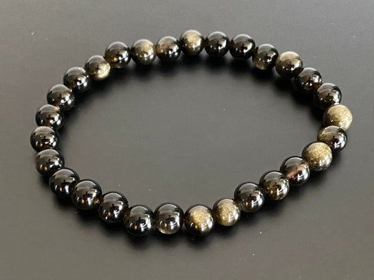 Gold, Obsidian bracelet (6mm beads), mineral - FossilsAndMore