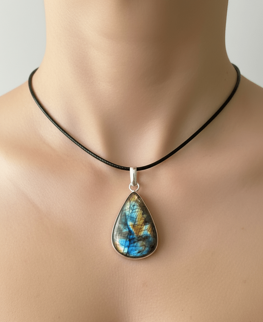 Labradorite Pendant on necklace, mineral jewelry - FossilsAndMore