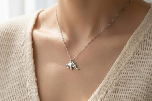 Necklace with stegosaurus pendant, rhodium-plated dinosaur - FossilsAndMore