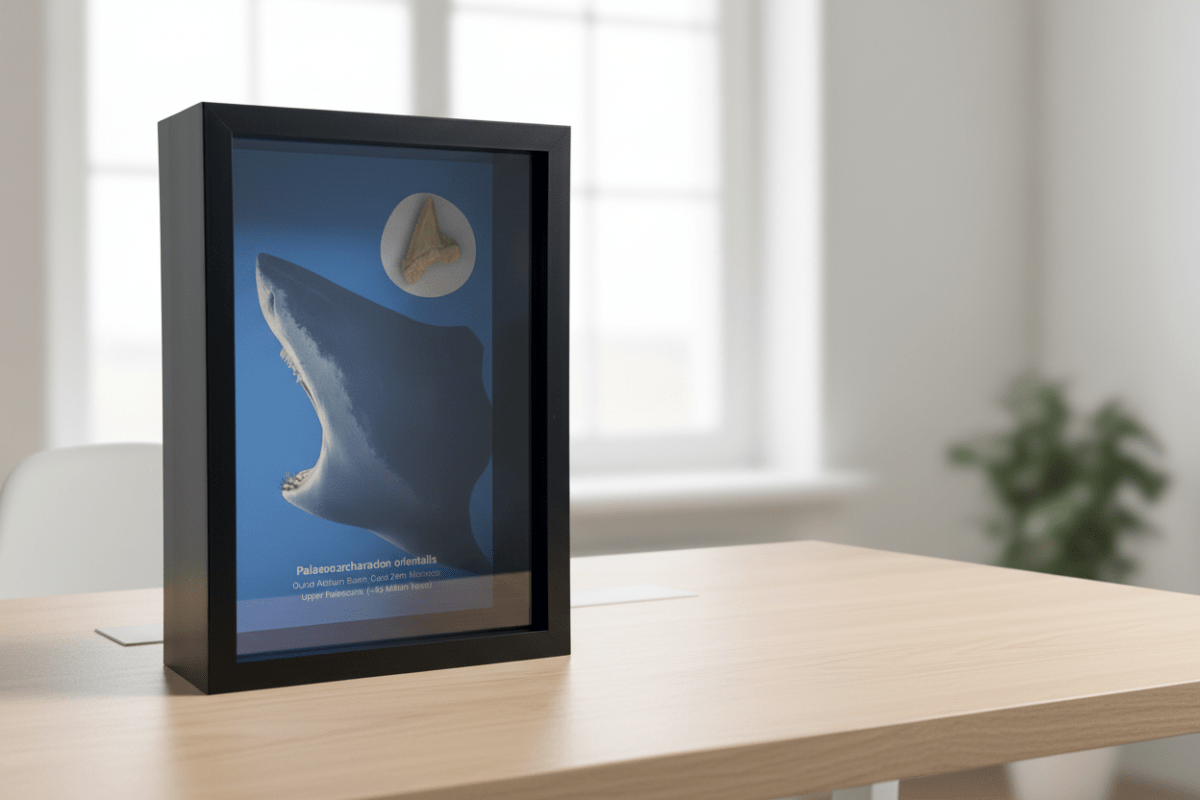 Palaeocarcharodon orientalis Fossil Shark Tooth in Large Deep Box Frame - FossilsAndMore