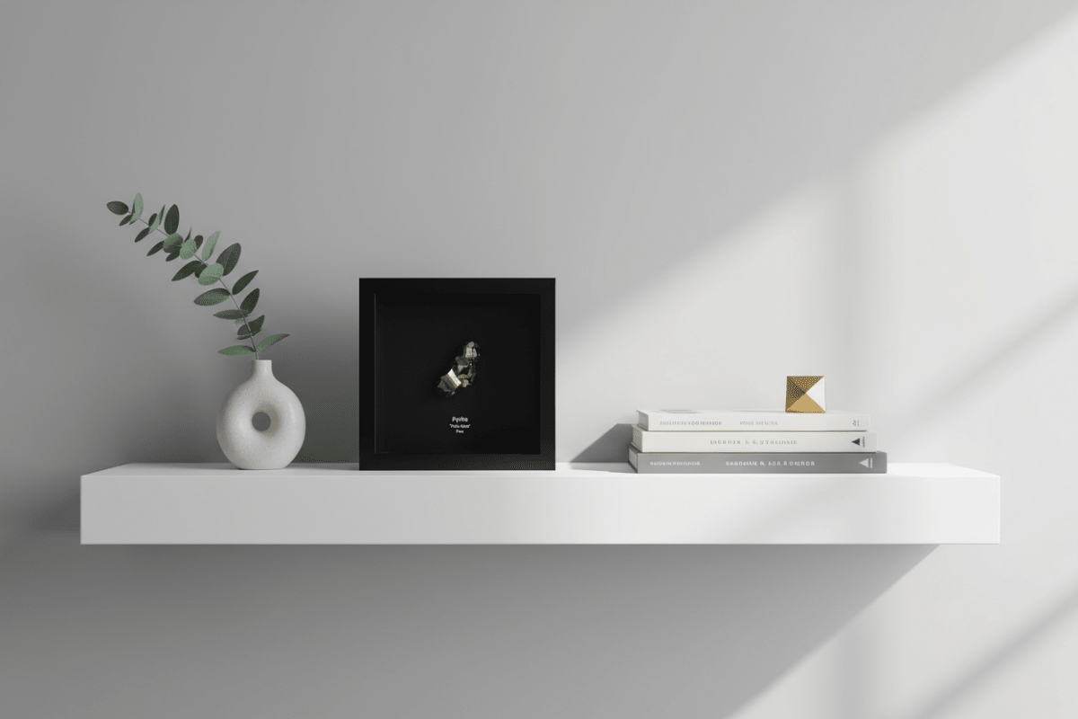 Pyrite cluster in decorative frame on a shelf