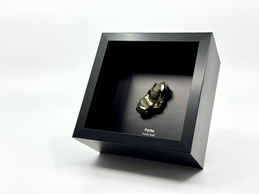 Pyrite crystal in a black display box on a white background